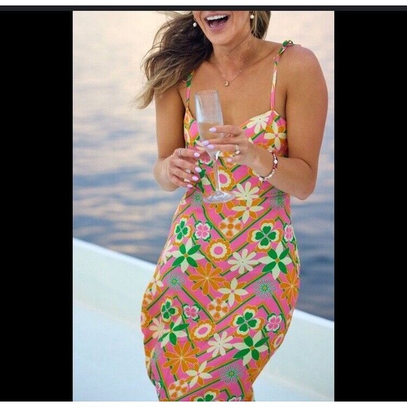 Kenny Flowers The Acapulco Silk Sweetheart Neckline Printed Midi Dress Sz. S - Picture 2 of 7